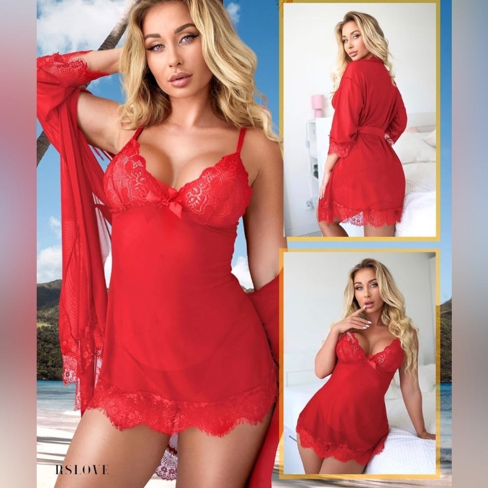 NEW RSLove Red Babydoll Nightgown and Robe Sheer Lingerie Set Size Large bin 1K